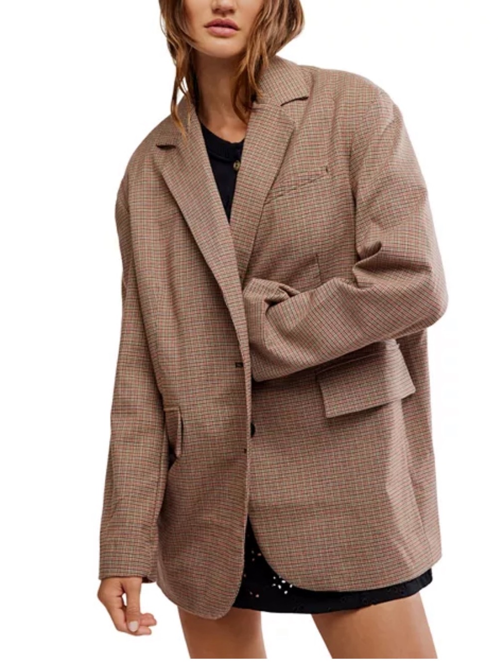 Free People Oversized Houndstooth Blazer in Brown and Tan